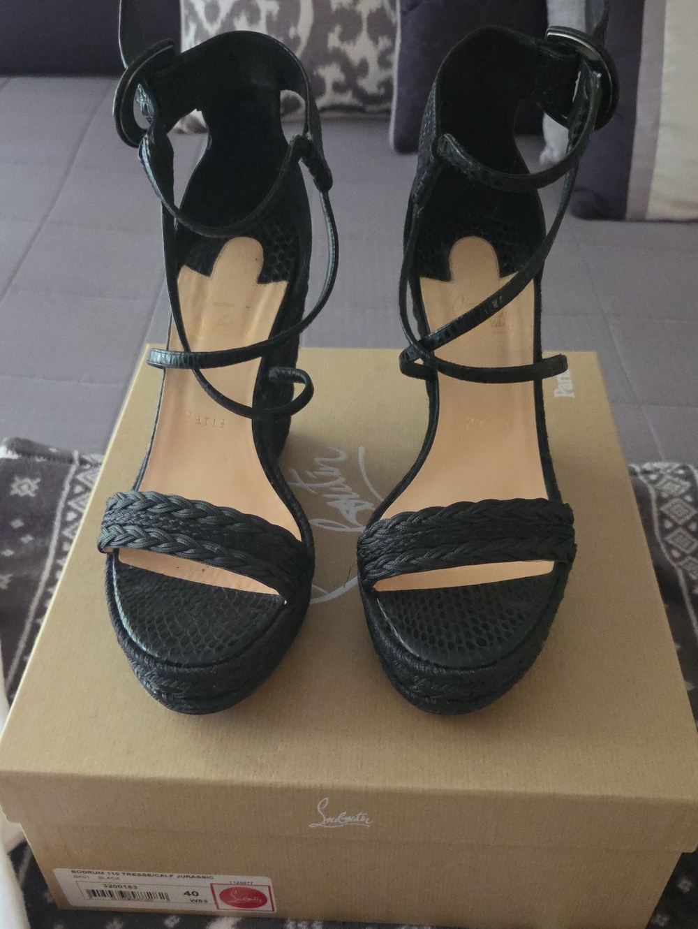 Christian Louboutin Black Braided Platform Ankle-Strap Heels